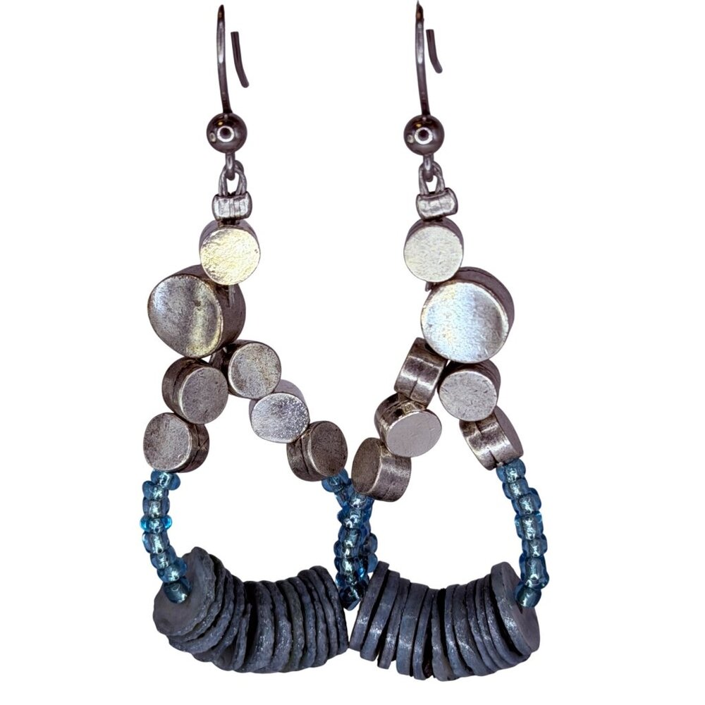 Vintage 1990s Chico’s Silver Teardrop Blue Beaded Dangle Earrings Mixed Metal - Picture 6 of 9
